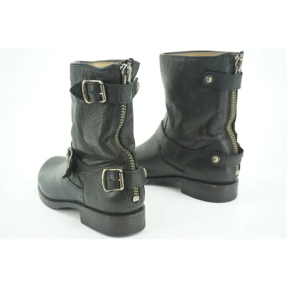 Frye Veronica Shortie Black Leather Biker Boots size 7.5 Slouchy Buckle